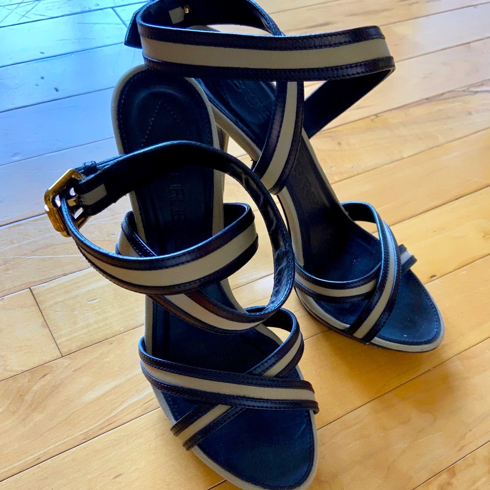 Burberry Black and Beige Strappy High Heel Sandals